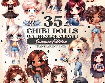 Chibi Clipart Set of 35, Summer Edition, Watercolor Cute Kawaii Anime Clipart, Transparent PNG, Commercial Use, Instant Digital Download
