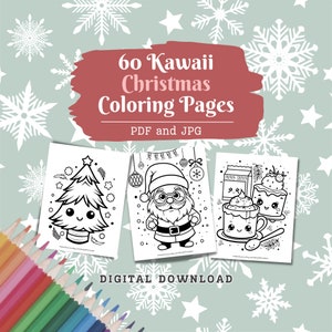 Kawaii Christmas Coloring Pages, 60 Pages, Cute Coloring, Kawaii Gifts, Cute Kawaii, Kawaii Anime, Kawaii Coloring, Santa, Digital Download