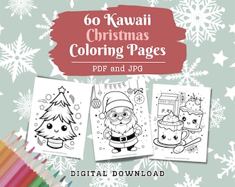 Kawaii Christmas Coloring Pages, 60 Pages, Cute Coloring, Kawaii Gifts, Cute Kawaii, Kawaii Anime, Kawaii Coloring, Santa, Digital Download