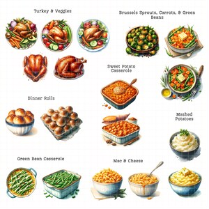 May include: A Thanksgiving dinner spread with a variety of dishes, including roasted turkey, mashed potatoes, green bean casserole, sweet potato casserole, dinner rolls, Brussels sprouts, carrots, and green beans.
