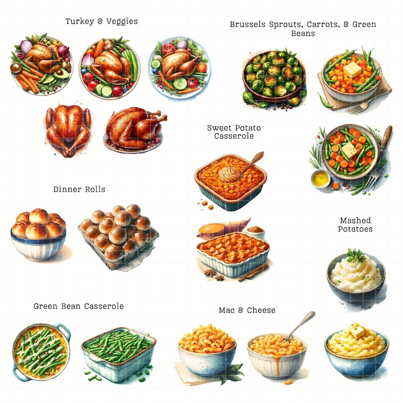 May include: A Thanksgiving dinner spread with a variety of dishes, including roasted turkey, mashed potatoes, green bean casserole, sweet potato casserole, dinner rolls, Brussels sprouts, carrots, and green beans.