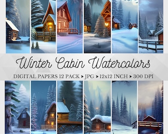 Winter Cabin Digital Paper, Cabin Watercolors, Snow Printable Scrapbook, Christmas Cottage Junk Journal, Wood Lodge Backgrounds, Scrapbooks