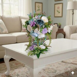 Lavender And Dusty Blue Artificial Flower Tree In White Pot, Shabby Chic Decor, Spring Table Centerpiece, Mother's Day Gift.