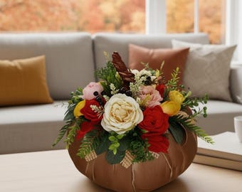 Velvet Decorative Pumpkin Autumn Centerpiece Large Gold Seasonal Table Decor with Artificial Flowers Elegant Fall Decor Halloween Decoration