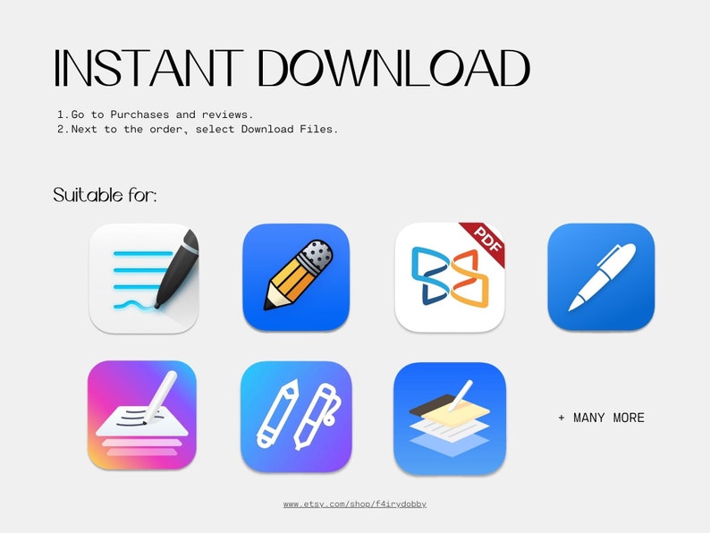 K&ouml;nnte beinhalten: Eine Grafik, die die Funktion des sofortigen Downloads f&uuml;r digitale Produkte auf Etsy zeigt. Die Grafik enth&auml;lt Anweisungen zum Herunterladen der Dateien und eine Liste der mit der Download-Funktion kompatiblen Dateitypen. Zu den Dateitypen geh&ouml;ren PDF, Textdokumente und Bilder.