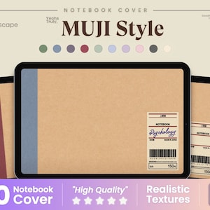 Puede incluir: Una maqueta digital de una cubierta de cuaderno con una textura de papel marrón y una franja azul en el lado izquierdo. La cubierta tiene una etiqueta con el texto "NOTEBOOK Psychology" y "150円". La cubierta se muestra en la pantalla de una tableta. La imagen también incluye un texto superpuesto con las palabras "Dark Landscape", "Yeohs Truly", "MUJI Style", "10 Notebook Cover", "High Quality", "Realistic Textures", y "10 MB PDF".