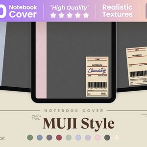 Peut inclure: Couvertures de cahiers de style portrait sombre, avec un design minimaliste. Les couvertures ont un fond gris foncé avec une bande verticale de couleur claire. L'une des couvertures porte une étiquette indiquant "Chemistry" et "Made in Japan". Le texte "MUJI Style" est également présent.