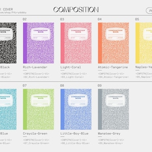 K&ouml;nnte beinhalten: Ein Satz von zehn verschiedenen farbigen Notizbuchumschl&auml;gen mit dem Text "Composition Book" auf jedem Umschlag. Die Umschl&auml;ge sind alle gleich gro&szlig; und haben ein &auml;hnliches Design, aber jeder hat eine andere Farbe und ein anderes Muster. Die Farben umfassen Schwarz, Lavendel, Koralle, Mandarine, Gelb, Blau, Gr&uuml;n, Hellblau, Grau und Wei&szlig;.