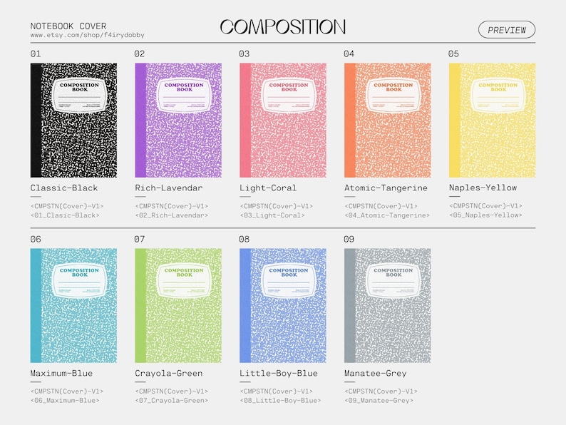 K&ouml;nnte beinhalten: Ein Satz von zehn verschiedenen farbigen Notizbuchumschl&auml;gen mit dem Text "Composition Book" auf jedem Umschlag. Die Umschl&auml;ge sind alle gleich gro&szlig; und haben ein &auml;hnliches Design, aber jeder hat eine andere Farbe und ein anderes Muster. Die Farben umfassen Schwarz, Lavendel, Koralle, Mandarine, Gelb, Blau, Gr&uuml;n, Hellblau, Grau und Wei&szlig;.