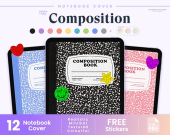12 COMPOSITION Notebook Cover • Free Stickers • Aesthetic Notebook Cover • Retro Notebook Cover • Realistic • PDF • GoodNotes & Notability