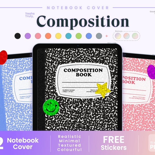 12 COMPOSITION Notebook Cover • Free Stickers • Aesthetic Notebook Cover • Retro Notebook Cover • Realistic • PDF • GoodNotes & Notability