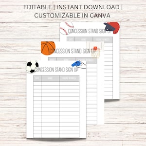 Editable Concession Stand Sign Up | Sports Event Volunteer Sheet | Customizable In Canva | PDF Download