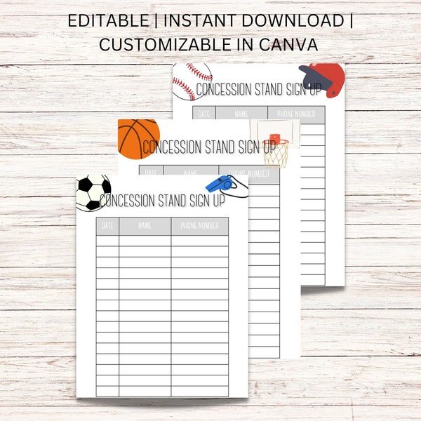 EDITABLE Concession Stand Sign Up Sheet | Digital Download | Sports Concession Volunteer Form | Snack Sign Up Sheet | Editable in Canva