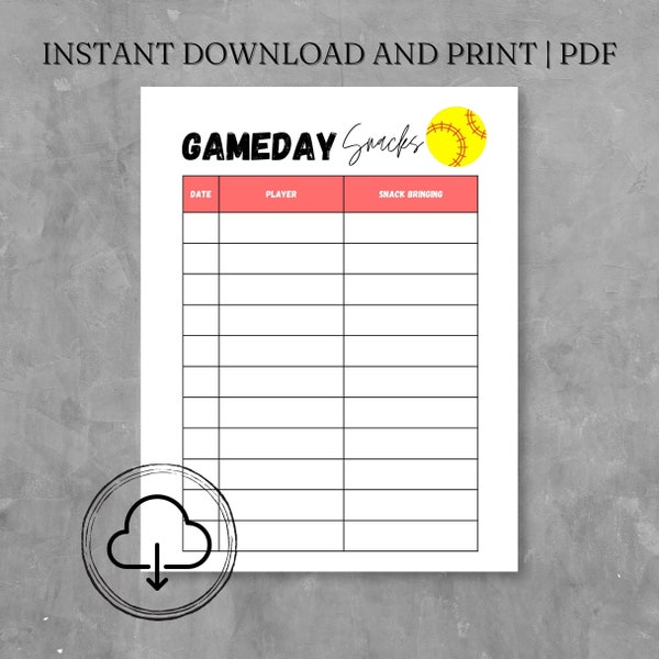 Softball Gameday Snack Sign Up Sheet PDF | Softball Snack Schedule | Snack Sign Up Sheet | Snack List | Team Snack Schedule