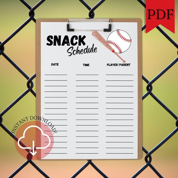 Feuille d'inscription aux collations de baseball | Horaire des collations Tball | Snack Schedule Tee Ball | Gameday Snack Inscrivez-vous | Modèle de feuille d'inscription Teeball Snack