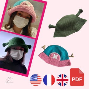May include: Three crocheted hats in different colors and styles. The first hat is pink and blue with a white cross, the second is green, and the third is blue and pink with a white cross. The hats are all on a white background.