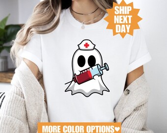 Camiseta de enfermera de Halloween, linda camiseta de enfermería, camiseta de enfermera espeluznante, divertida camiseta de enfermera de Halloween, linda camiseta de fantasma, camiseta de fantasma de enfermera de Halloween