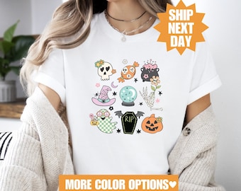 Linda camisa de otoño, camisa de Halloween, camisa fantasma de Halloween, camisa de Halloween 2024, camiseta de garabatos de Halloween, camiseta con símbolos lindos de Halloween