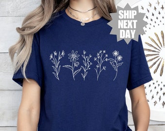 Maglietta per amanti della natura, maglietta con fiori selvatici carini, maglietta botanica, maglietta con fiori selvatici boho, maglietta con fiori estetica, regalo per lei, maglietta con fiori selvatici