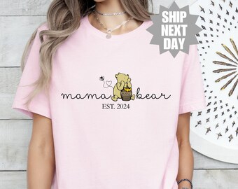 Custom Mama Shirt, Winnie The Pooh Mama Bear Shirt, Pooh and Flower Shirt, Mama Est Shirt, Cute Pooh Shirt, Pooh Shirt, Mama Pooh Bear Shirt