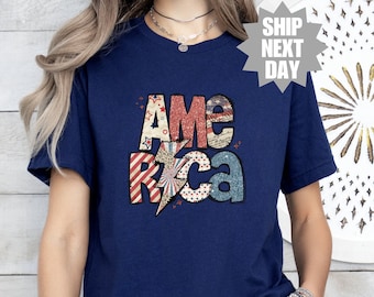 Koszulka z amerykańską flagą, koszulka z okazji 4 lipca, flaga USA na Dzień Niepodległości, koszulka w kolorze czerwono-białym, flaga USA w kolorach Comfort, koszulka retro z Ameryką