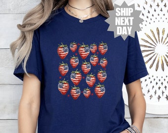 American Flag Strawberry Shirt, Strawberry Flags, 4th Of July T-Shirt, Independence Day Shirt, Red White and Blue, Retro Strawberry T-Shirt