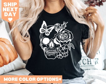 Halloween Skull Shirt, Halloween Tee,  Skull Tee, Skeleton Shirt, Skull Tee, Floral Skull Shirt