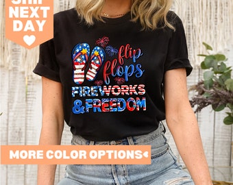Teenslippers Fireworks and Freedom Shirt, Fourth of July, USA vlagshirt, 4 juli vuurwerkshirt, Independence Day-shirt, Freedom-shirt
