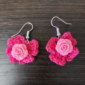 Crochet Floral Earrings: Pink Cotton Dangle Earrings with Rose