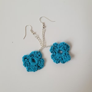 Crochet Floral Dangle Earrings: Handmade Blue Cotton Jewelry