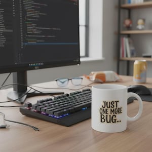 May include: A white ceramic mug with the text "JUST ONE MORE BUG..." sits on a wooden desk next to a black mechanical keyboard with colourful LED lights. A computer monitor displays code. Other items include glasses, a mouse, and a can.