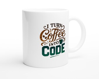 I Turn Coffee to Code Developer Mug - 11oz Ceramic Coffee Cup - Funny Gift for Programmers