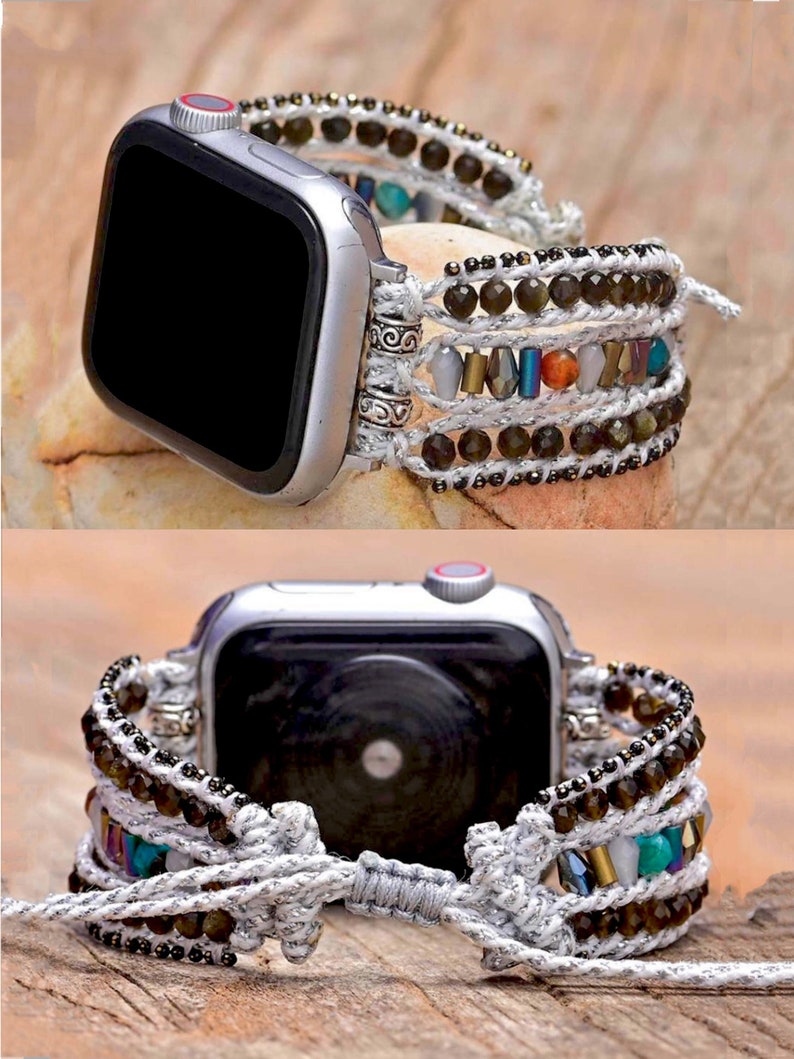Natural Stone BOHO Apple Watch Band-obsidian Wax Rope Handmade - Etsy