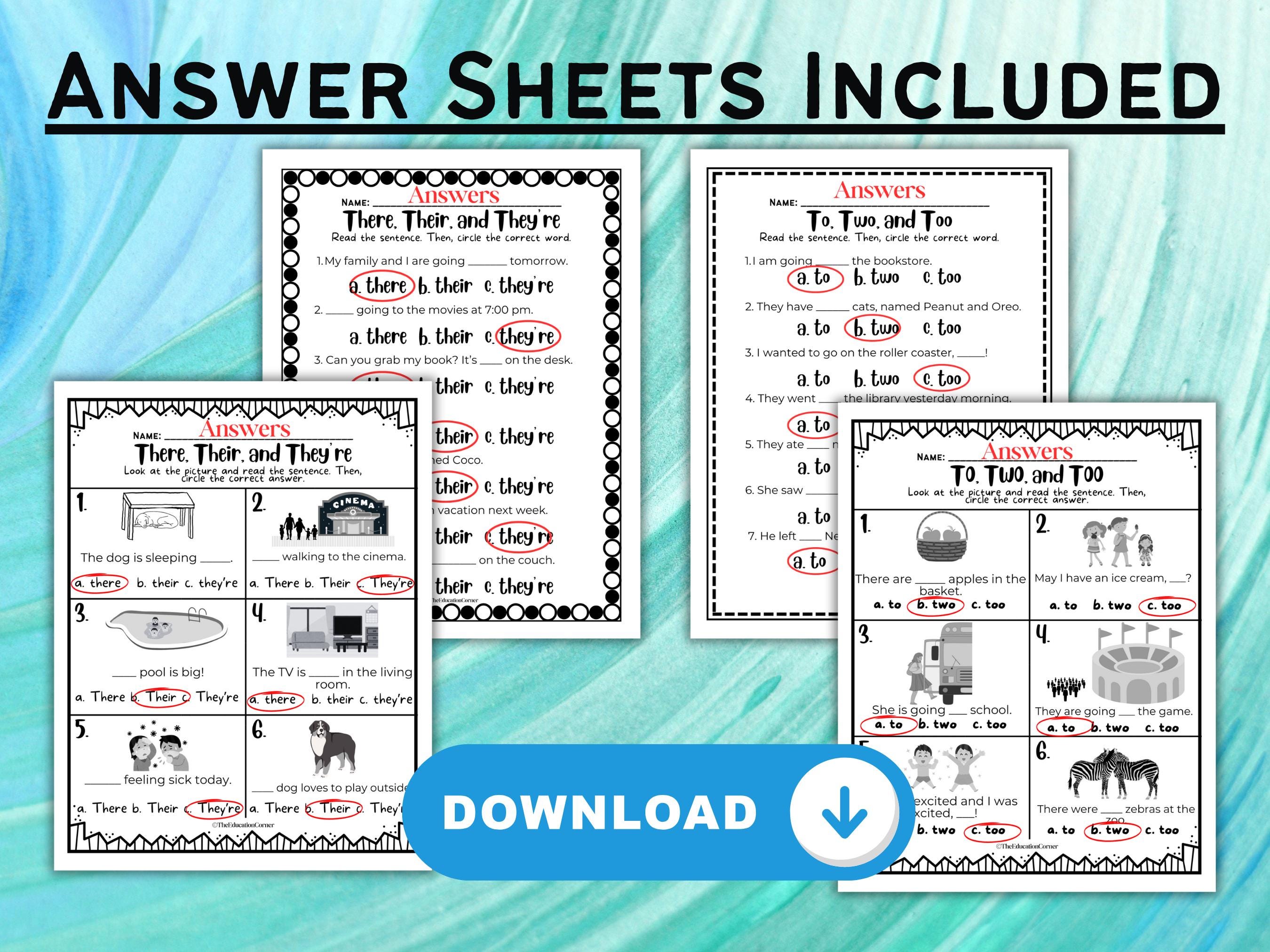 Their, There, They're & To, Two, Too Anchor Charts and Worksheets (PDF ...