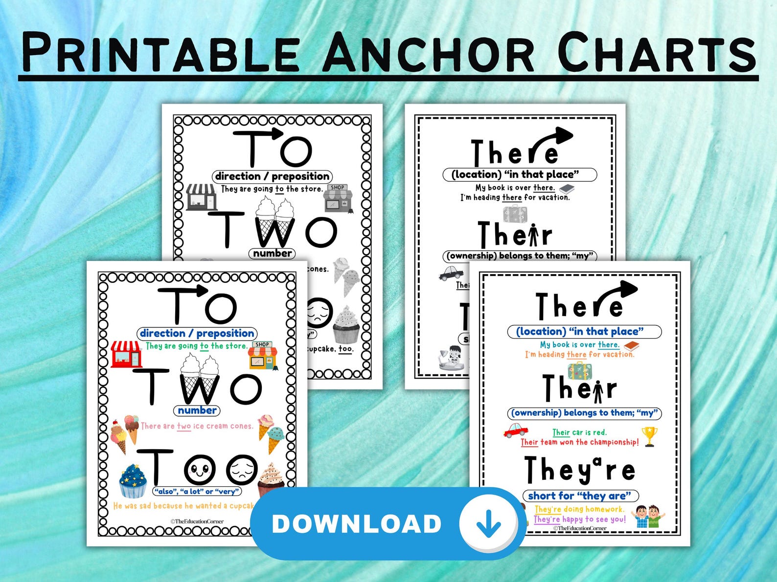 Their, There, They're & To, Two, Too Anchor Charts and Worksheets (PDF ...