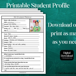 Printable Student Profile Sheet | Instant Download, DIGITAL DOWNLOAD ...