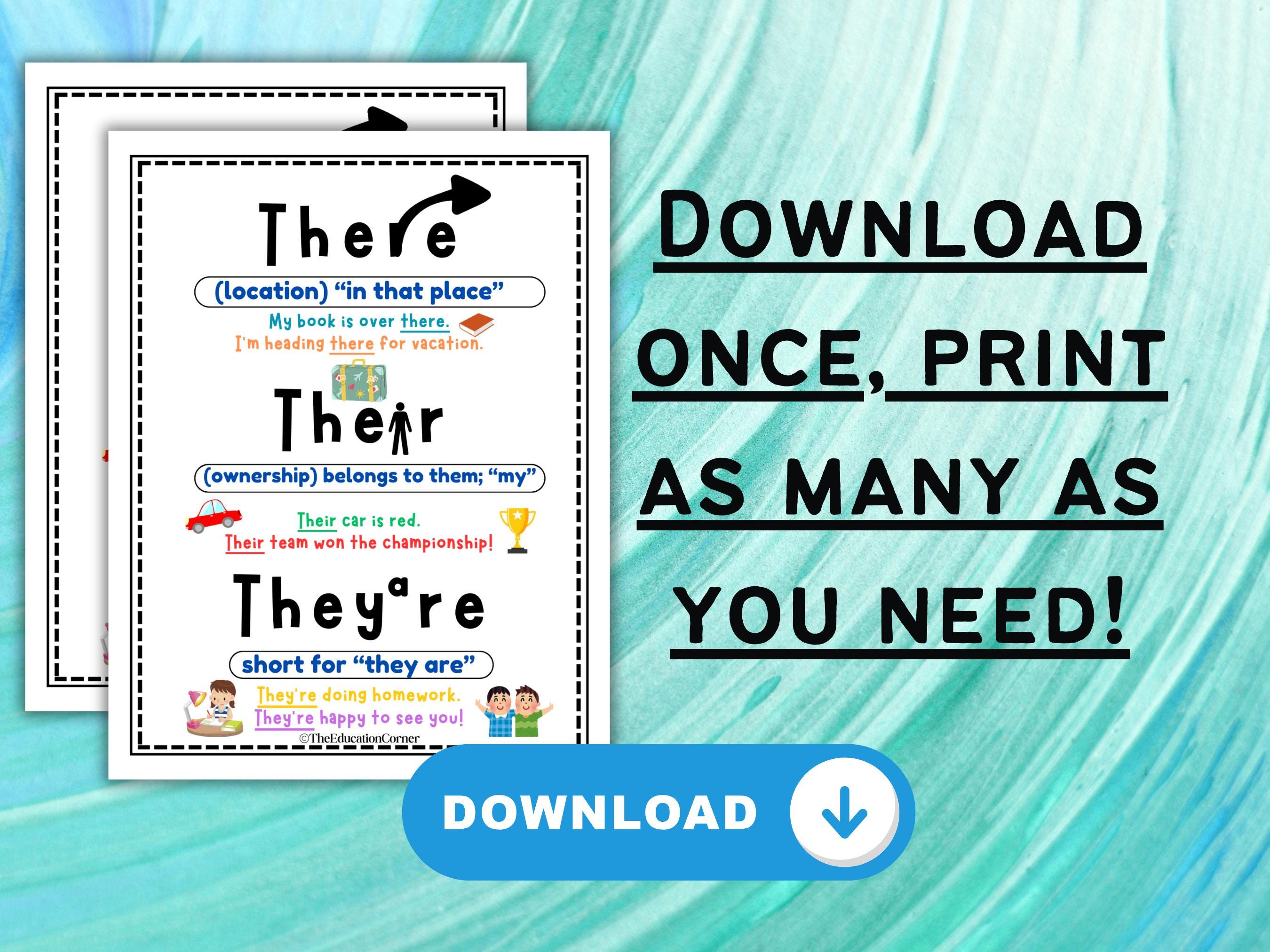 Their, There, They're & To, Two, Too Anchor Charts and Worksheets (PDF ...
