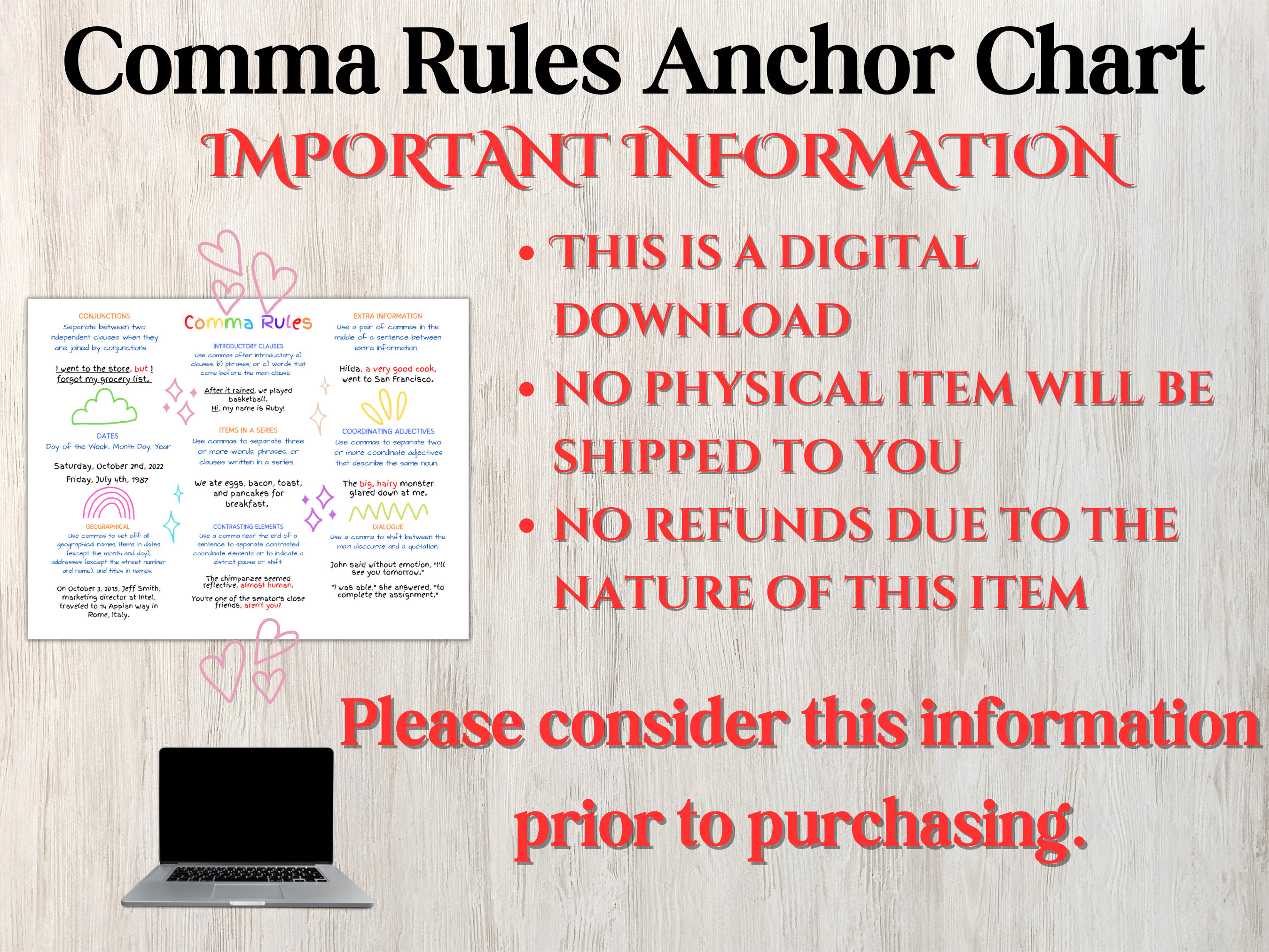 Comma Rules Anchor Chart Printable and Digital Middle School