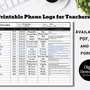 May include: Printable phone log template for teachers. The template includes columns for student name, date, reason for calling, who was spoken to, and notes from the call. The template is designed to help teachers keep track of phone calls with parents and guardians.