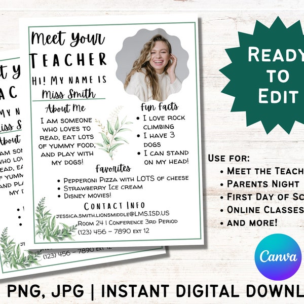 Meet Your Teacher Printable | Ready to Edit | Editable Template | Resource for Parents and Students | PDF, JPG, PNG