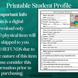 Printable Student Profile Sheet | Instant Download, DIGITAL DOWNLOAD ...