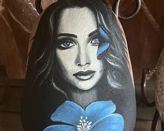 Acrylic painted rock stone art finished with satin varnish, one of kind, unique home decro.