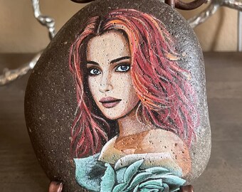 Acrylic painted rock stone art finished with satin varnish, one of kind, unique home decro.
