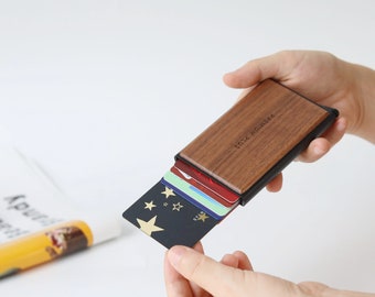 Personalized Card Holder, Wooden Card Case, Minimalist Blocking Card Wallet for Men, Pop-Up/Flip Top Wallet Gift for Him