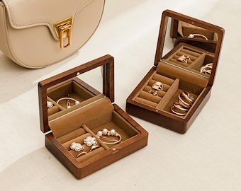 Personalized Jewelry Box with Mirror, Walnut Travel Trinket Box, Portable Organizer for Necklace, Earrings, Rings, Gift for Mother's Day