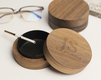 Personalized Walnut Wood Ashtray with Lid, Engraved Smoking Accessory