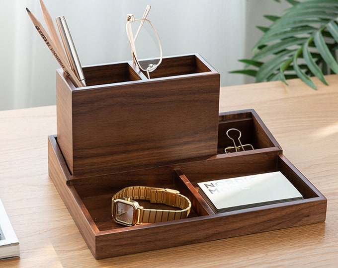 Personalized Premium Walnut Desk Organizer with Multi-Compartments Storage, Desktop Office Organizer for Stationery and Accessories