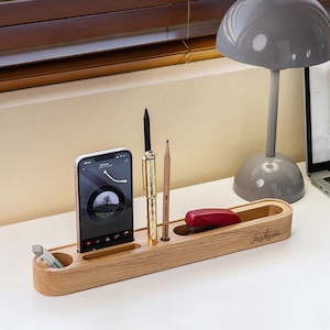 Personalized Premium Wood Desktop Organizer with Phone Stand, Stylish and Versatile Desk Storage, Desk decor, New Office Gift image 1