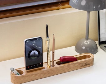 Organiseur de bureau personnalisé en bois de qualité supérieure avec support pour téléphone, rangement de bureau élégant et polyvalent, décoration de bureau, nouveau cadeau de bureau