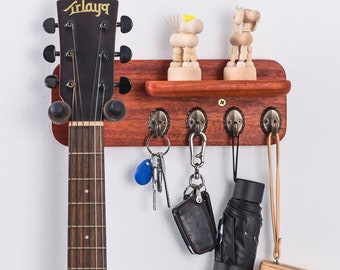 Premium Solid Wood Guitar Wall Mount Rack with Shelf and Hooks, Guitar Wall Hanger for Guitar, Electric Guitar, Bass and Ukulele